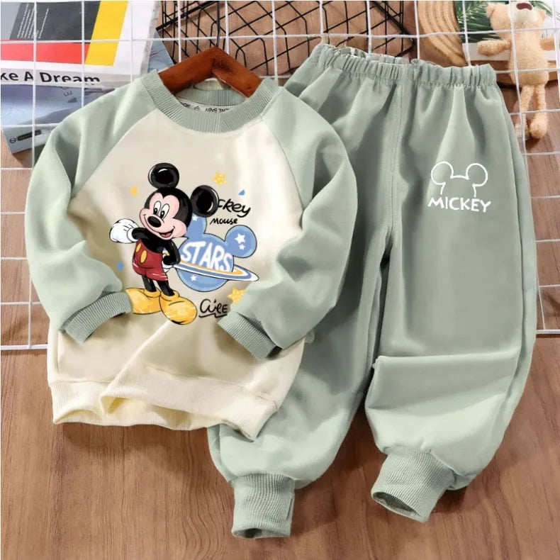 DISNEY Mickey Print Boys Spliced Sweatshirt 2-piece Sets Kids O Neck Hoodies and Trouser 2pcs Set Kids Sport Clothes Suit Autumn
