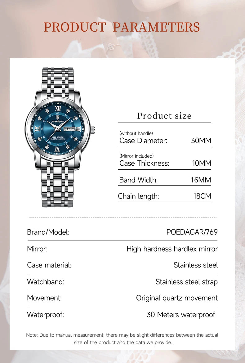 POEDAGAR Luxury Women Wristwatch Waterproof Luminous Date Week Women's Watches Stainless Steel Elegant Dress Quartz Ladies Watch