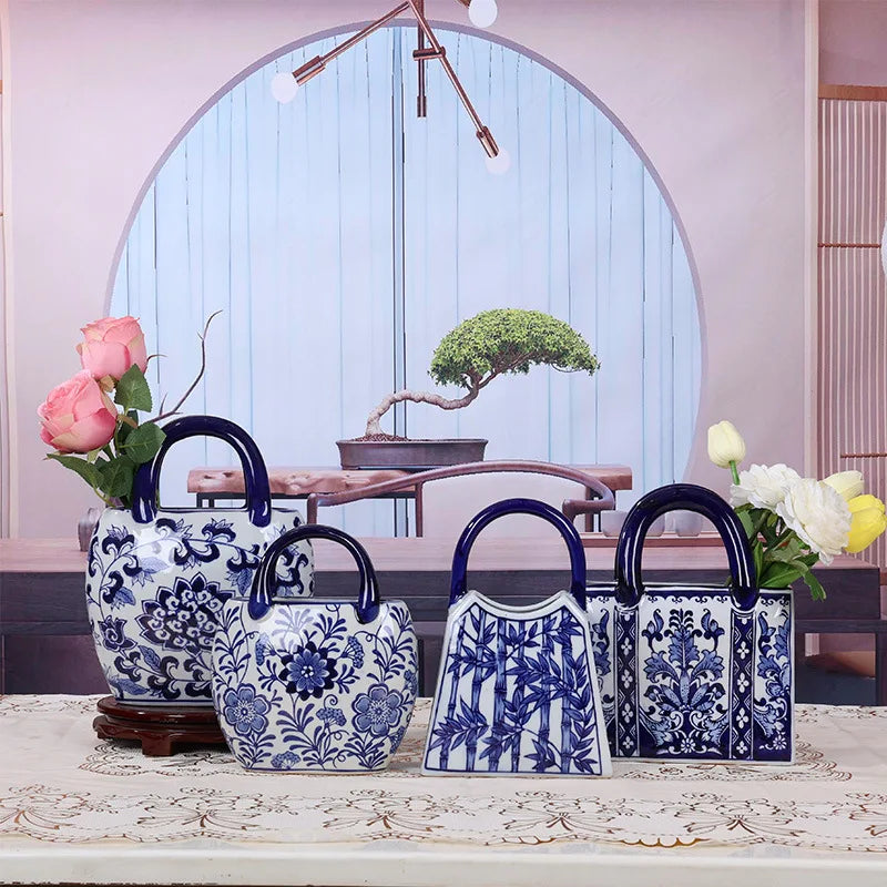 Blue and White Porcelain Desktop Handbag Vase, Ceramic Vase, Aesthetic Decoration, Flowerpot, Room Decoration Accessories.