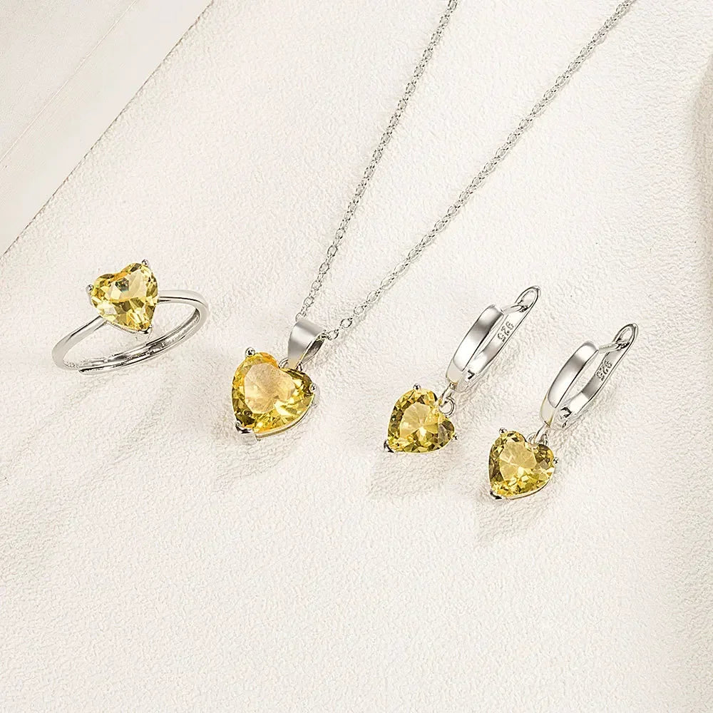 Fine 925 Sterling Silver Color Jewelry Gift Sets for Women Female Romantic Heart Zircon Huggie Earrings Pendant Necklace Ring