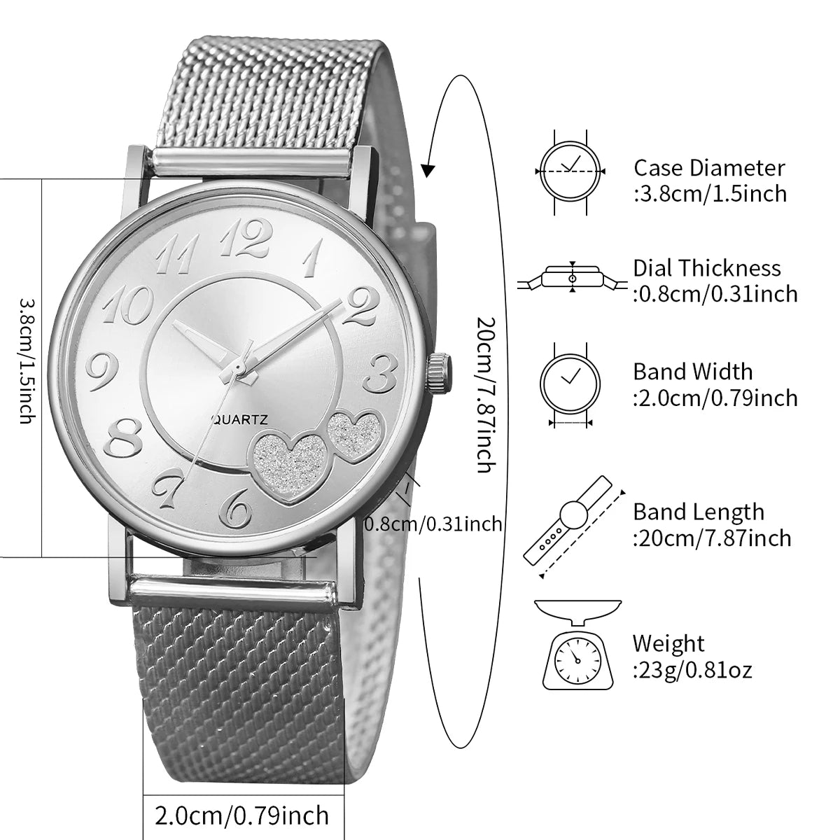 6PCS/Set Fashion Heart Dial Women's Quartz Watch Casual Plastic Band Watches Rhinestone Jewelry Set（Without Box）