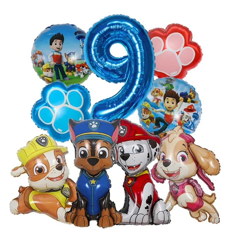 9pcs Cartoon Paw Patrol Foil Balloon Digital Number Supplies Rescue Dog Childrens Birthday Party Decoration Baby Gift Chase Skye