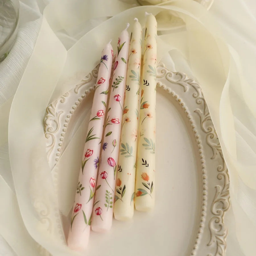 2pcs/Box 9.85in Taper Scented Candles Romantic Hand Painted Rose Long Candle For Home Decoration Candle Wedding Decoration