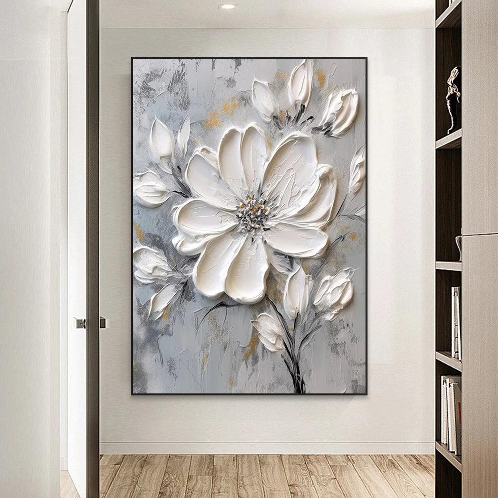 White Textured Flower Painting Poster Heavy Textured Minimalist Wall Art Canvas Painting Prints Home Living Room Decoration