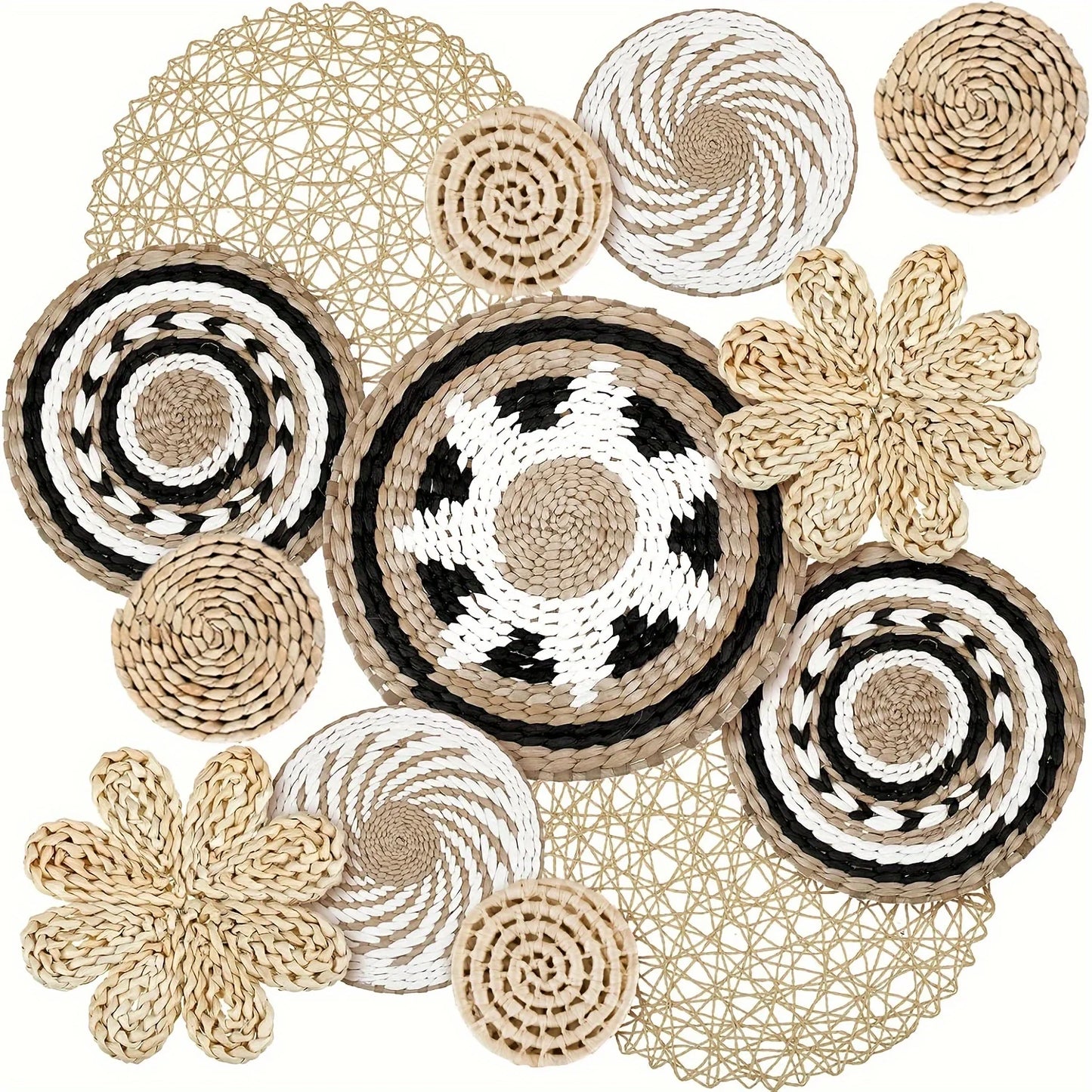 10Pcs Handcrafted Bohemian Style Wall Basket Decorative Woven Rattan Flat Wall Basket Decoration Bedroom Living Room Dining Room