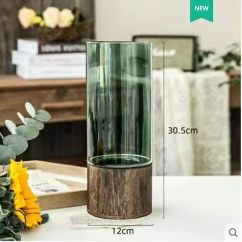 Vases Simple European Hydroponic Plant Household Living Room Table  Inserted Flower Wood Base Transparent Glass Vase Home Decor