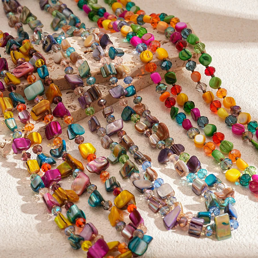 Boho Double-layer Shell Long Necklace for Women Vintage Irregular Beads Necklace Female Summer Vacation Jewelry Holiday Gifts
