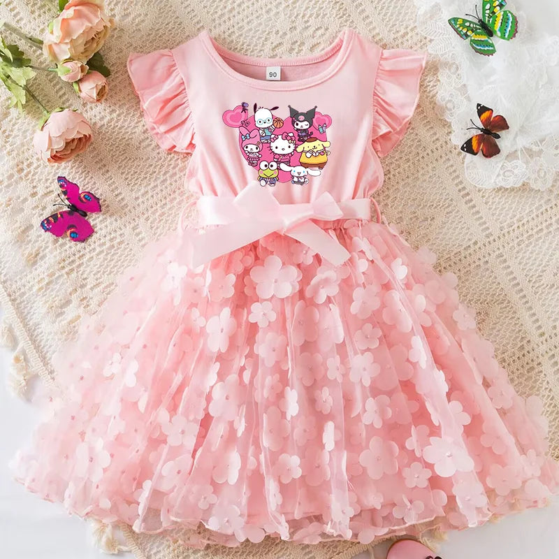 Hello Kitty Girls Summer Dress Cartoon Bow Tutu Dress 3D Butterfly Cute Cotton Party Casual Dress for Baby 2-6 Years