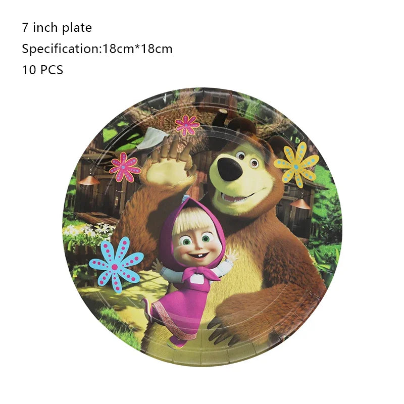 Mashas and Bear Birthday Party Decoration Cartoon Theme Balloons Kids Event Supplies Disposable Tableware Backdrop