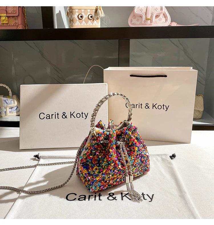 Luxury Designer Colorful Stones Evening Clutch Bag Wedding Party Bucket Purse Metal Handle Women Handbag Shoulder Messenger Bag