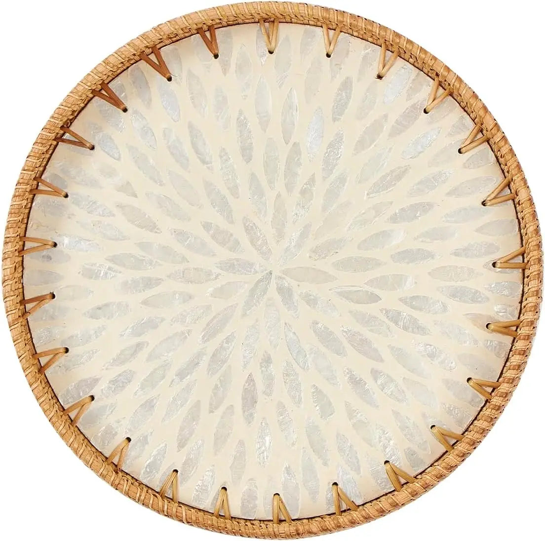 Round Rattan Tray with Mother of Pearl Inlay Rattan Serving Tray Wooden Base Storage and Display of Coffee Bread Food Fruit