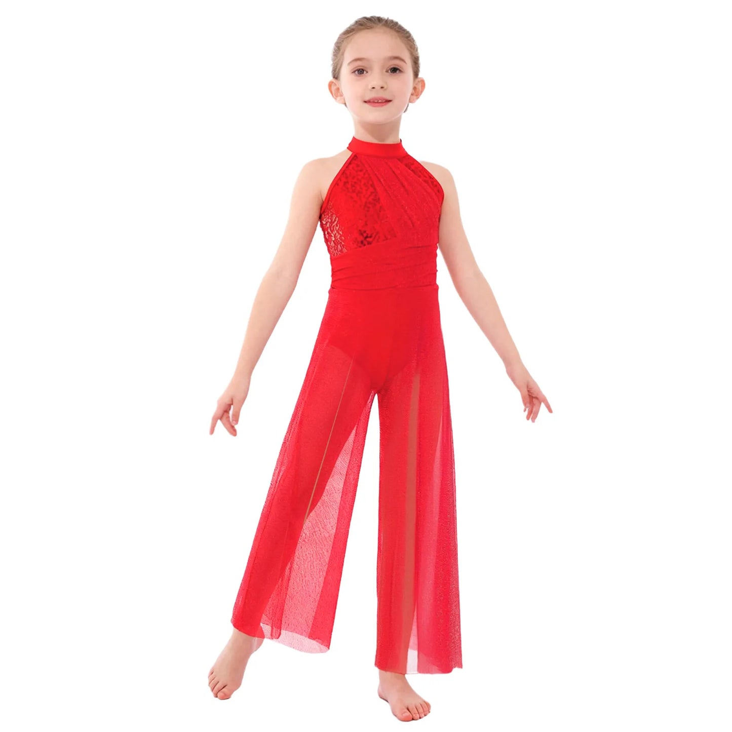 Children Girls Modern Lyrical Dance Jumpsuit Sleeveless Shiny Sequin Mesh Split Ballet Figure Skating Gymnastic Leotard Bodysuit