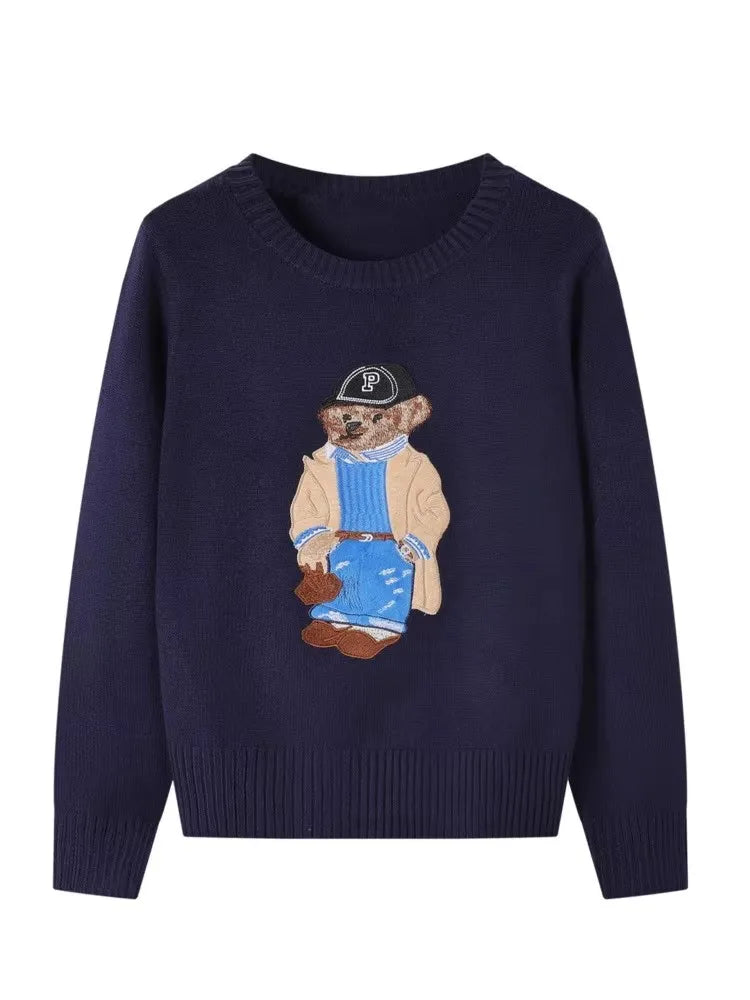 High Street Luxury French Ladies Embroidery Bear Knitted Pullover Sweater For Women Fashion Casual Knitwear Tops Pull Femme