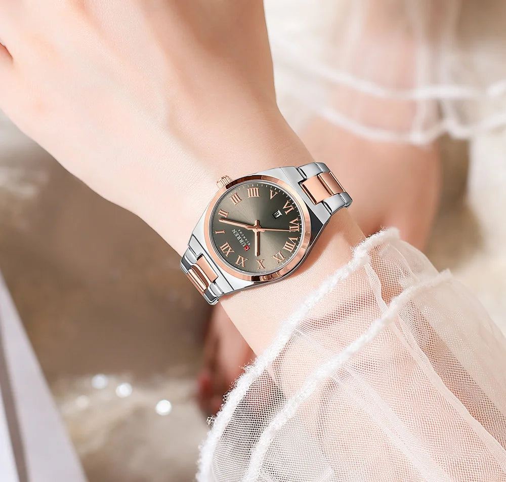 CURREN Fashionable Quartz Watches for Women Roman Numerals Simple Elegant Stainless Steel Braclete Ladies Wristwatch