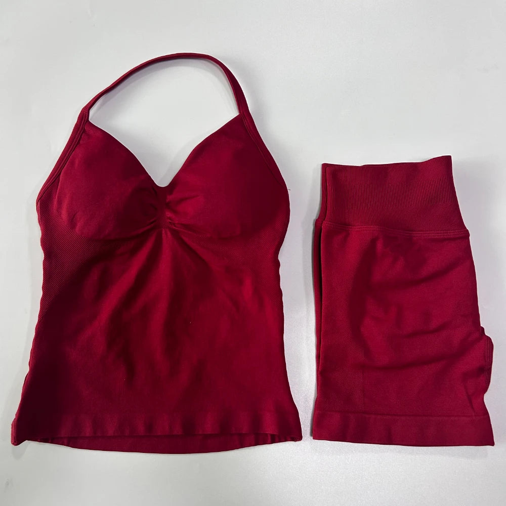 2Pcs Gym Set Women Backless Tank Tops High Waist Scrunch Seamless Shorts