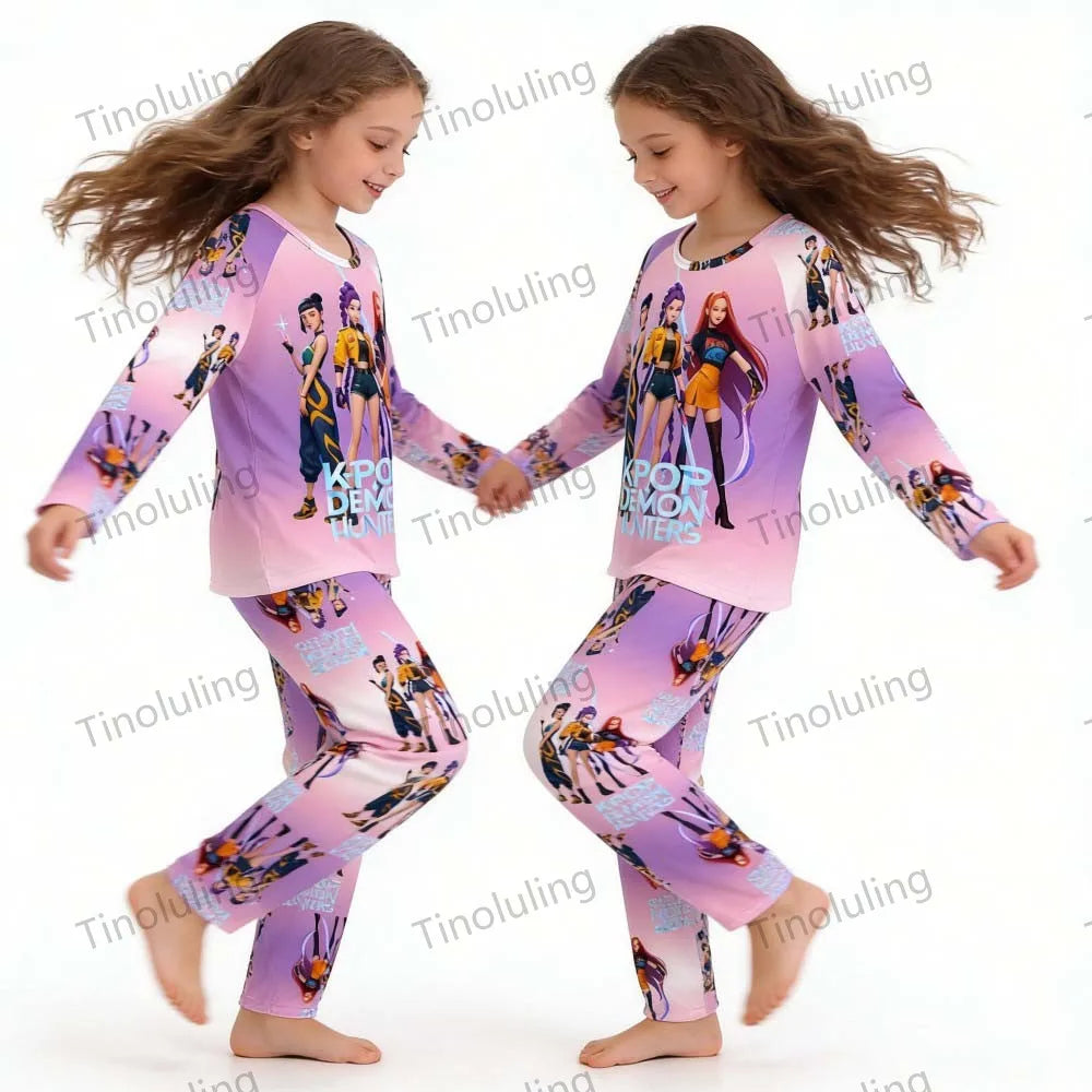 KPop Demon Hunters Huntrix Kids Pajamas Set Long Sleeve Girls Clothing 2pcs Children's Sleepwear Cartoon Boys Nightwear 3-14Y