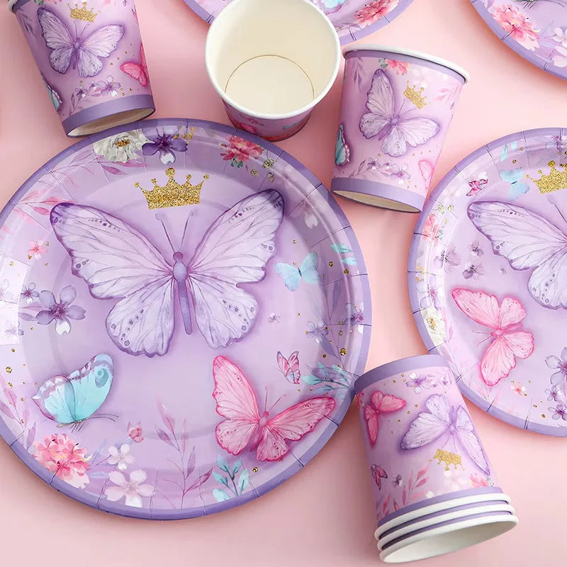 Purple Butterfly Party Decoration Disposable Paper Plates Napkins Cups Straw Tableware Set for Butterfly Birthday Party