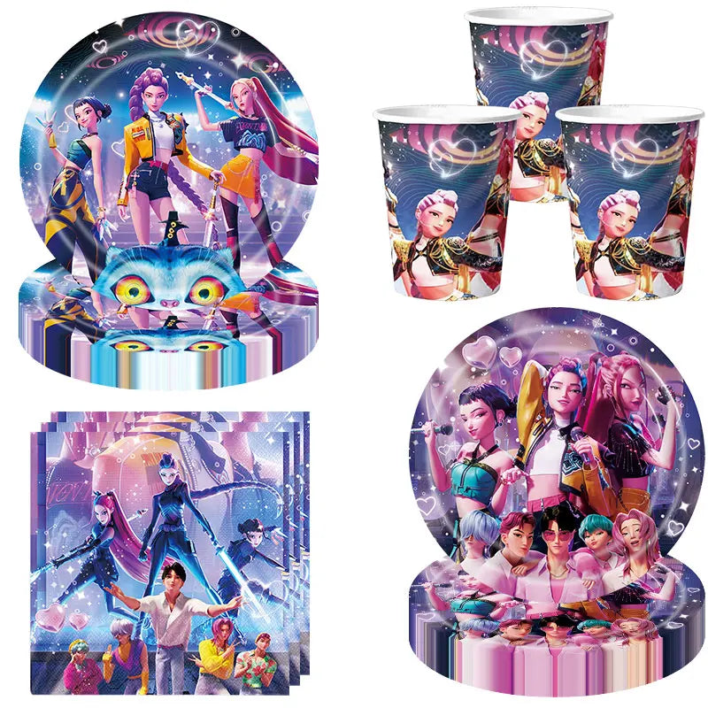 New Anime Kpop Demon Hunters Birthday Party Decorations Set Kpop Theme Cup Plate Gift Bags Balloons Banner Supplies Girls Favors