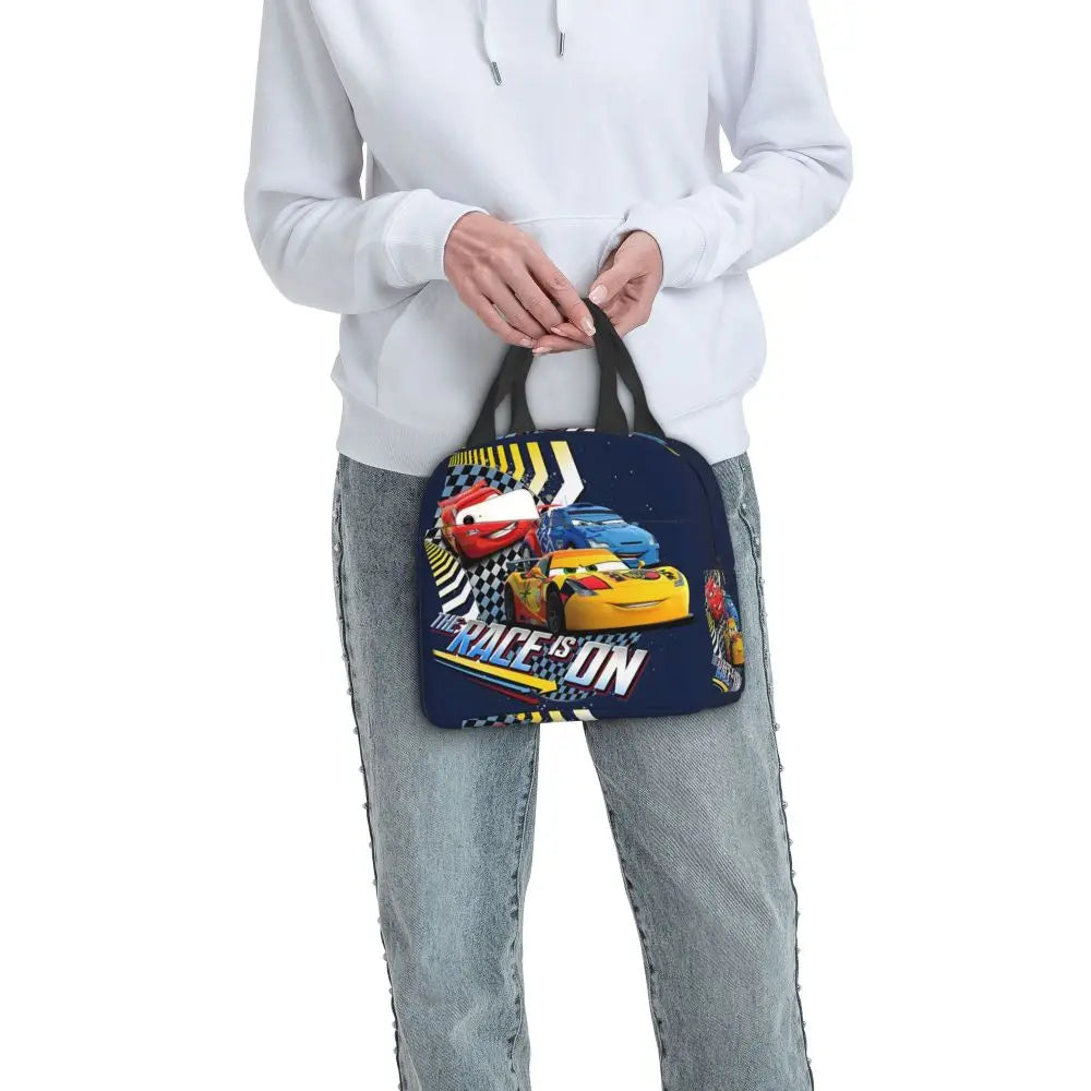 Custom Car 95 Lightning Mcqueen Insulated Lunch Bag for Women Resuable Racing Car Thermal Cooler Bento Box Office Picnic Travel