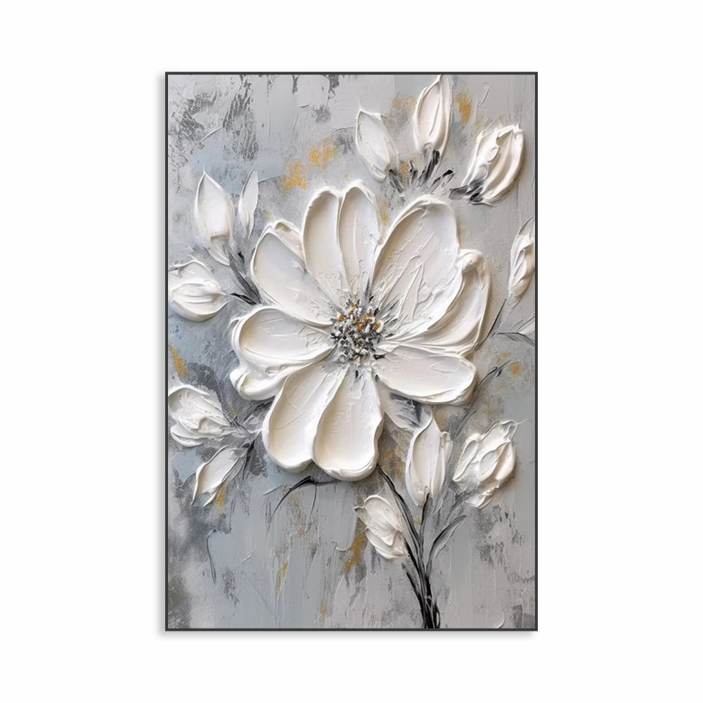 White Textured Flower Painting Poster Heavy Textured Minimalist Wall Art Canvas Painting Prints Home Living Room Decoration