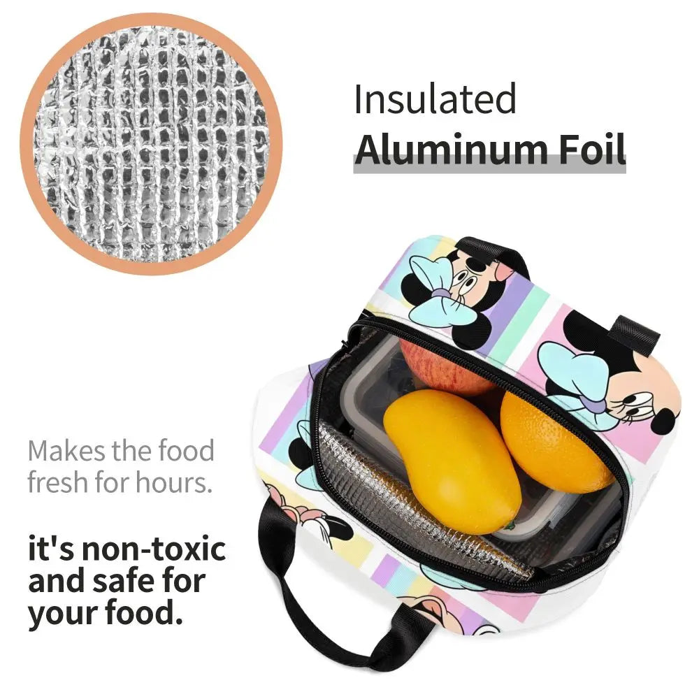Custom Mickey Pink Minnie Mouse Lunch Bag Women Creative Design Cooler Warm Insulated Lunch Box for Kids School