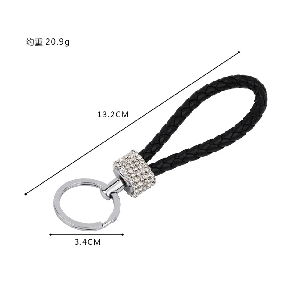Creative Hand Woven Leather Car Keychain With Diamond Women Men Wallet Backpack Charm Bling Crystal Rope Keyring For Couple Gift