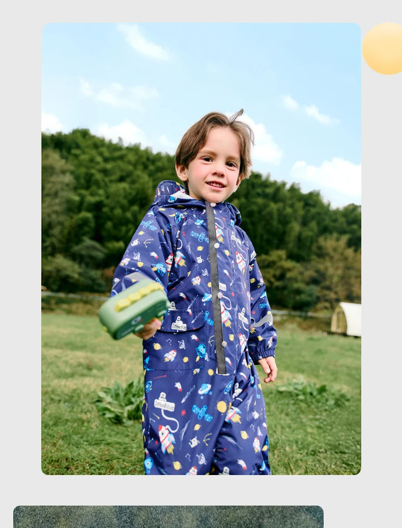 Camouflage Print Kids Raincoat With Visor Hood Reflective Strips Waterproof Toddler Cute Animal Outdoor Travel Coverall Raincoat