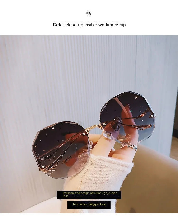 Trendy fashionable polygonal frameless cut edge sunglasses women's metal curved legs retro street photo sunglasses