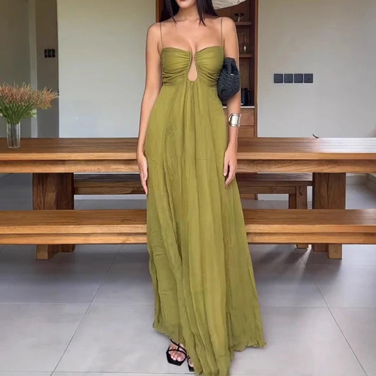2025 Summer New Solid Pleat Evening Dress Leisure Sleeveless Backless Big Hem Dress Sexy Suspender U Design Vacation Long Dress