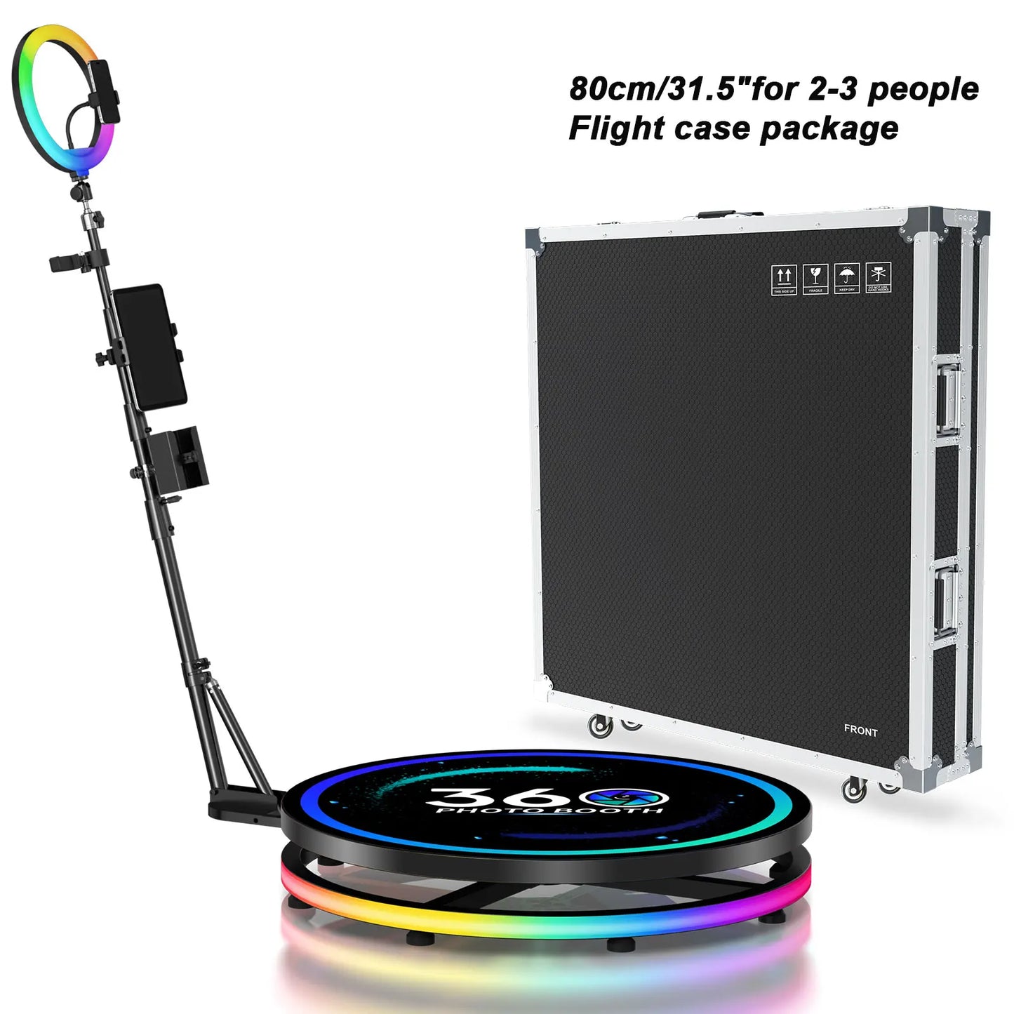 360 Photo Booth Automatic Rotating Photo Booth Machine Ring Light for Party Wedding Rental with RGB Light & Flight Case
