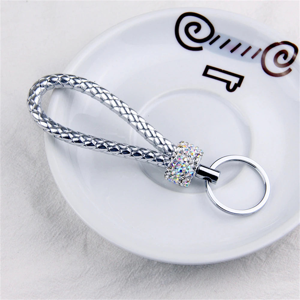 Creative Hand Woven Leather Car Keychain With Diamond Women Men Wallet Backpack Charm Bling Crystal Rope Keyring For Couple Gift