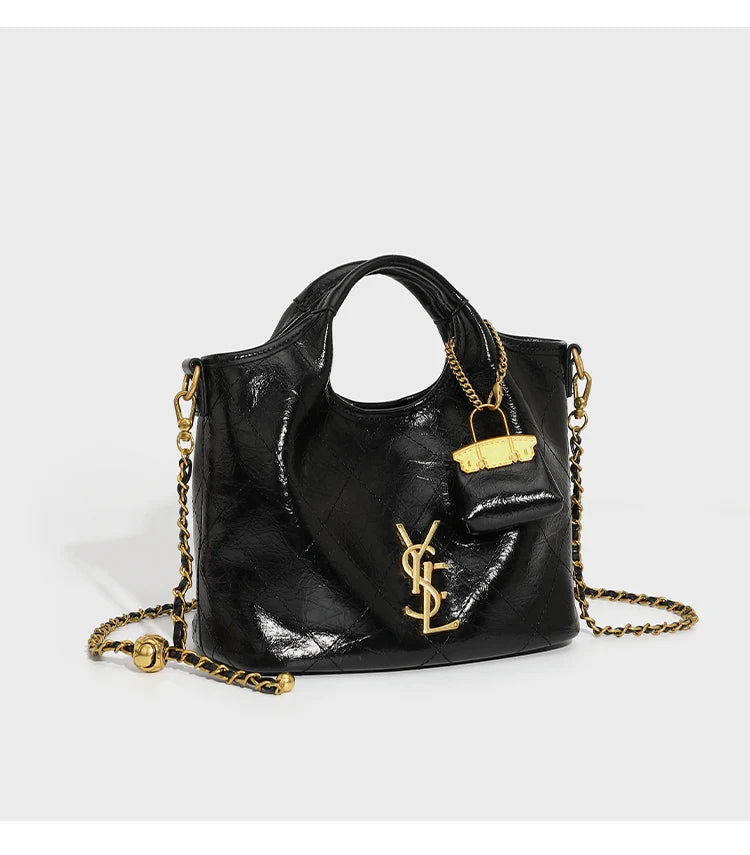 Premium handbag with diamond grid embroidery thread, large capacity vegetable basket bag, chain bar crossbody bag