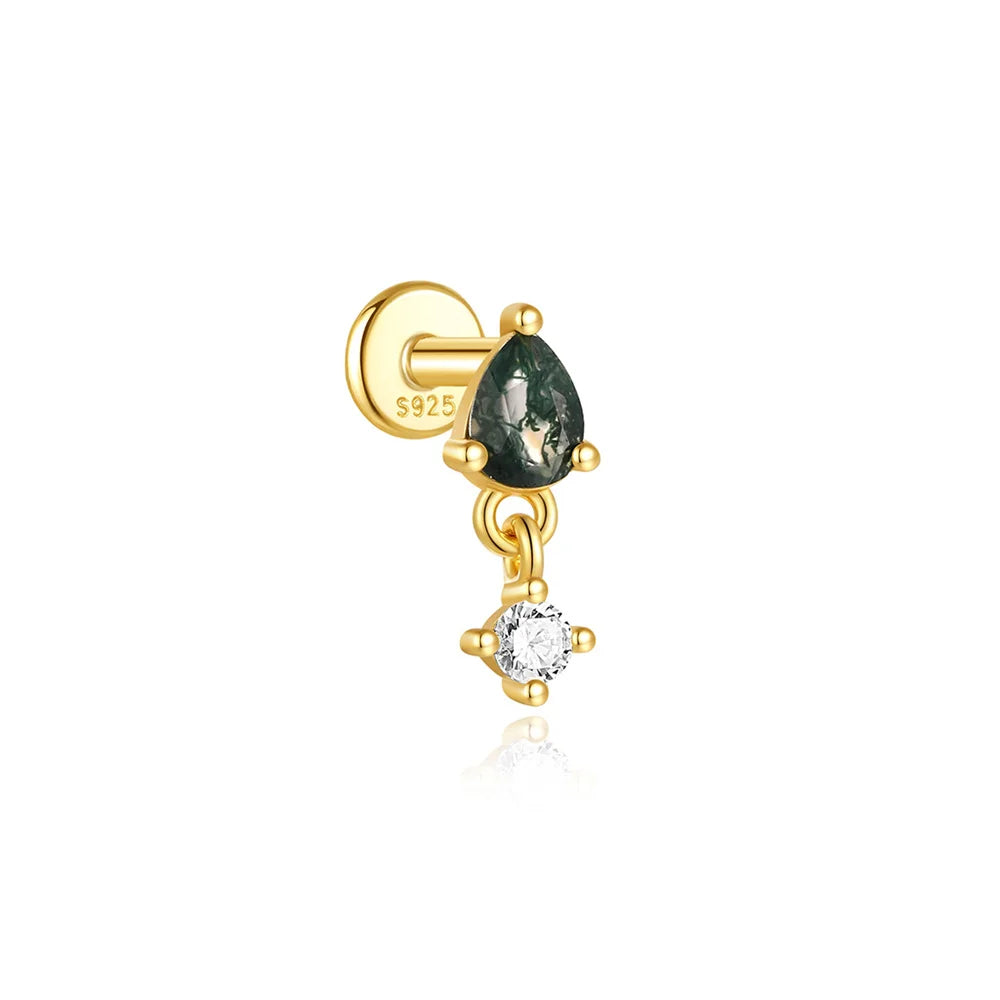 AIDE Water Grass Agate 925 Sterling Silver Flat Head Thread Piercing Earring Green Moss Piercing Ear Bone Earring Jewelry 1pc