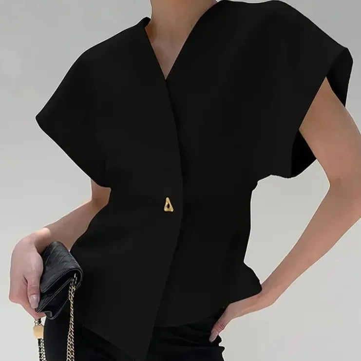 Summer Women's Clothing Solid Color Button Short Sleeve Rivet Cardigan T-shirt Casual Elegant All-match Office Lady Korean Tops