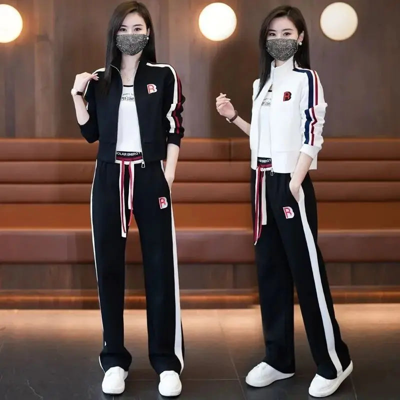 Fashionable Sportswear Two-Piece Set Ladies Wide Leg Pants Jacket Casual Spring Autumn Outfit Stylish Zipper Closure Long Sleeve
