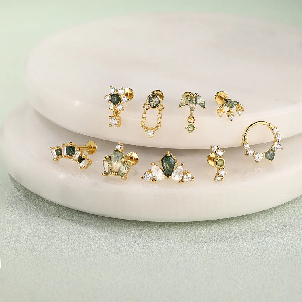 AIDE Water Grass Agate 925 Sterling Silver Flat Head Thread Piercing Earring Green Moss Piercing Ear Bone Earring Jewelry 1pc