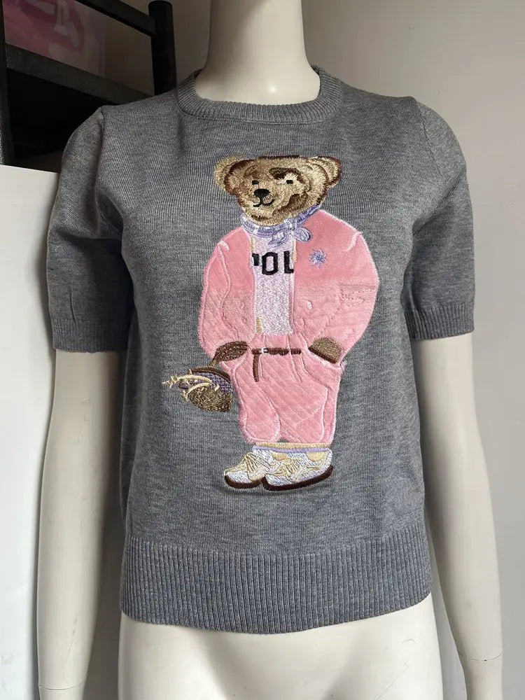 European Style Luxury Brand Loose O-Neck Bear Pullover Tops Knitwear Woman Short Sleeve T-shirt Ladies Wool Knitted Sweater