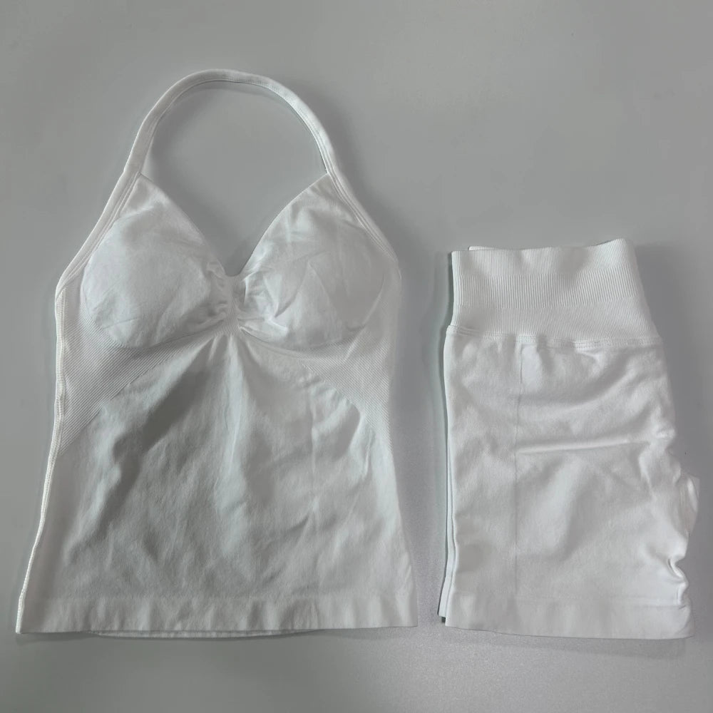 2Pcs Gym Set Women Backless Tank Tops High Waist Scrunch Seamless Shorts