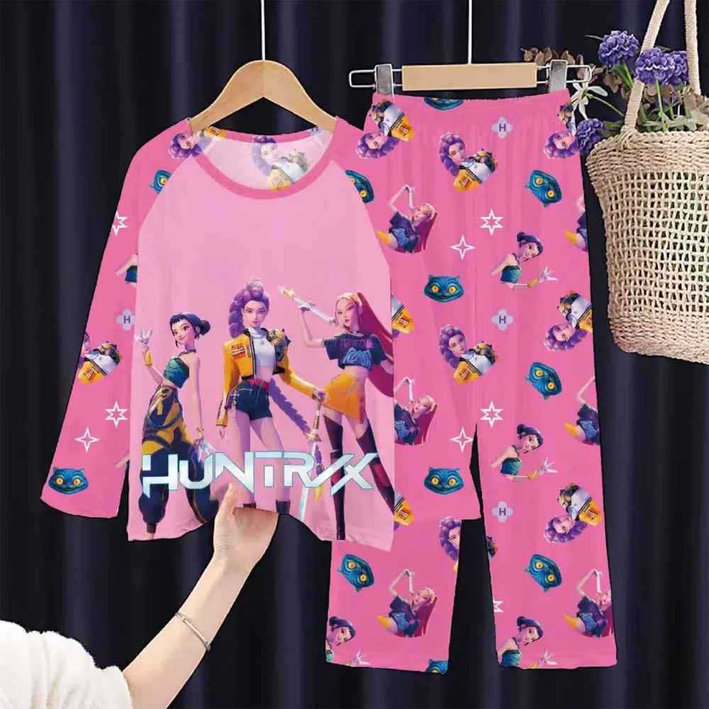 KPop Demon Hunters Huntrix Kids Pajamas Set Long Sleeve Girls Clothing 2pcs Children's Sleepwear Cartoon Boys Nightwear 3-14Y