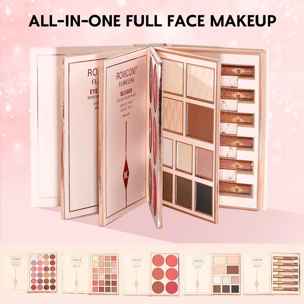 The makeup magic book contains eye shadow, lip gloss, powder blusher highlight, an ideal gift for women in holiday parties