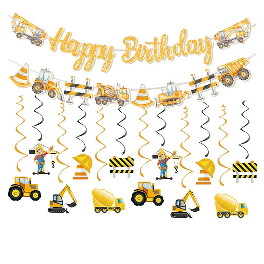 construction Party Banner Hanging swirls decor construction truck Excavator themed Banner boy construction Birthday decor Banner