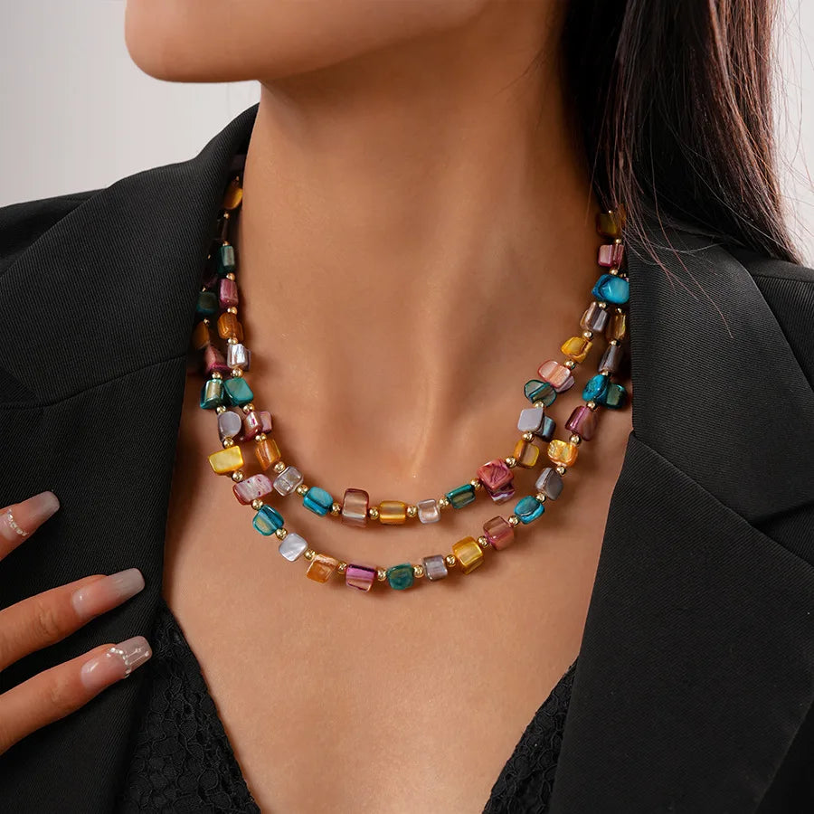 Boho Double-layer Shell Long Necklace for Women Vintage Irregular Beads Necklace Female Summer Vacation Jewelry Holiday Gifts