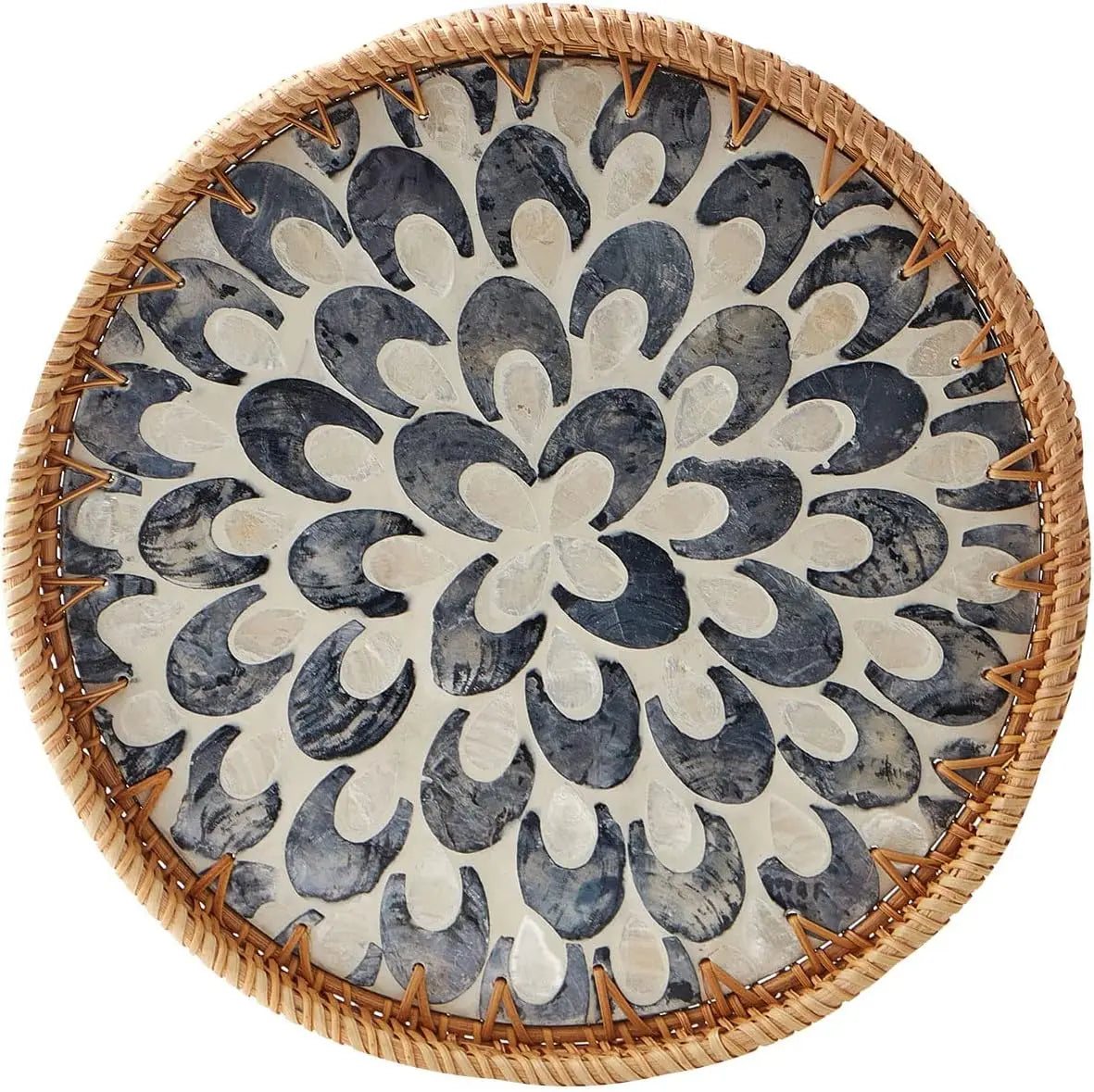 Round Rattan Tray with Mother of Pearl Inlay Rattan Serving Tray Wooden Base Storage and Display of Coffee Bread Food Fruit