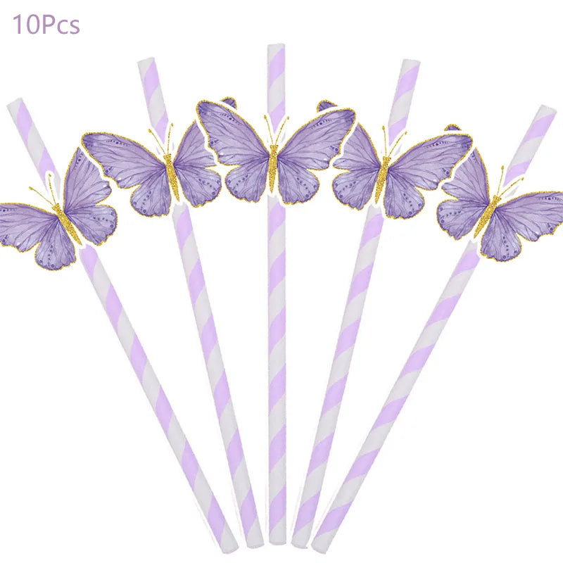Purple Butterfly Party Decoration Disposable Paper Plates Napkins Cups Straw Tableware Set for Butterfly Birthday Party