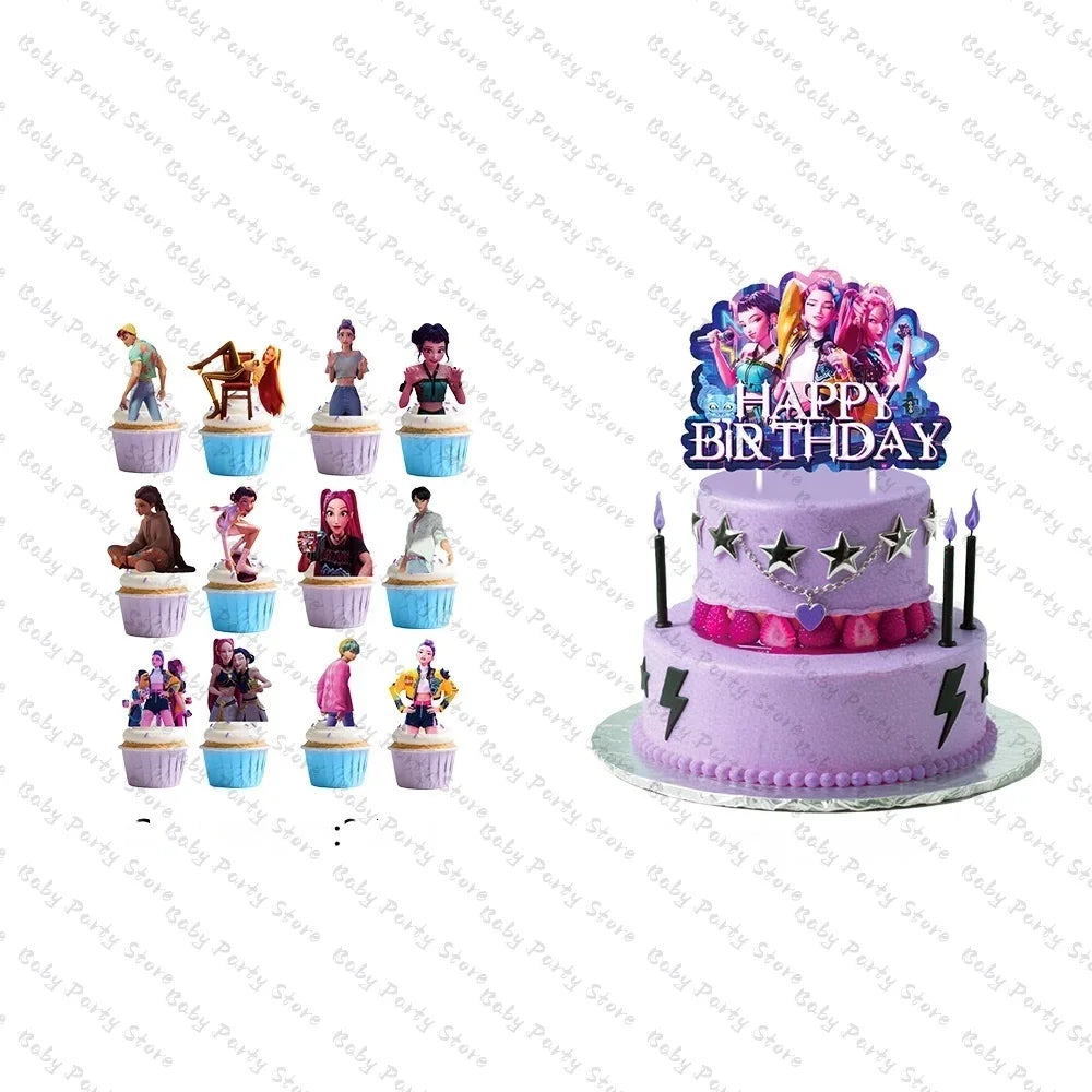 Demon Hunters Paper Cupcakes Topper Decor Birthday Cake Topper Set K-pop Anime Movie Demon Hunters Girls Party Cake Decora