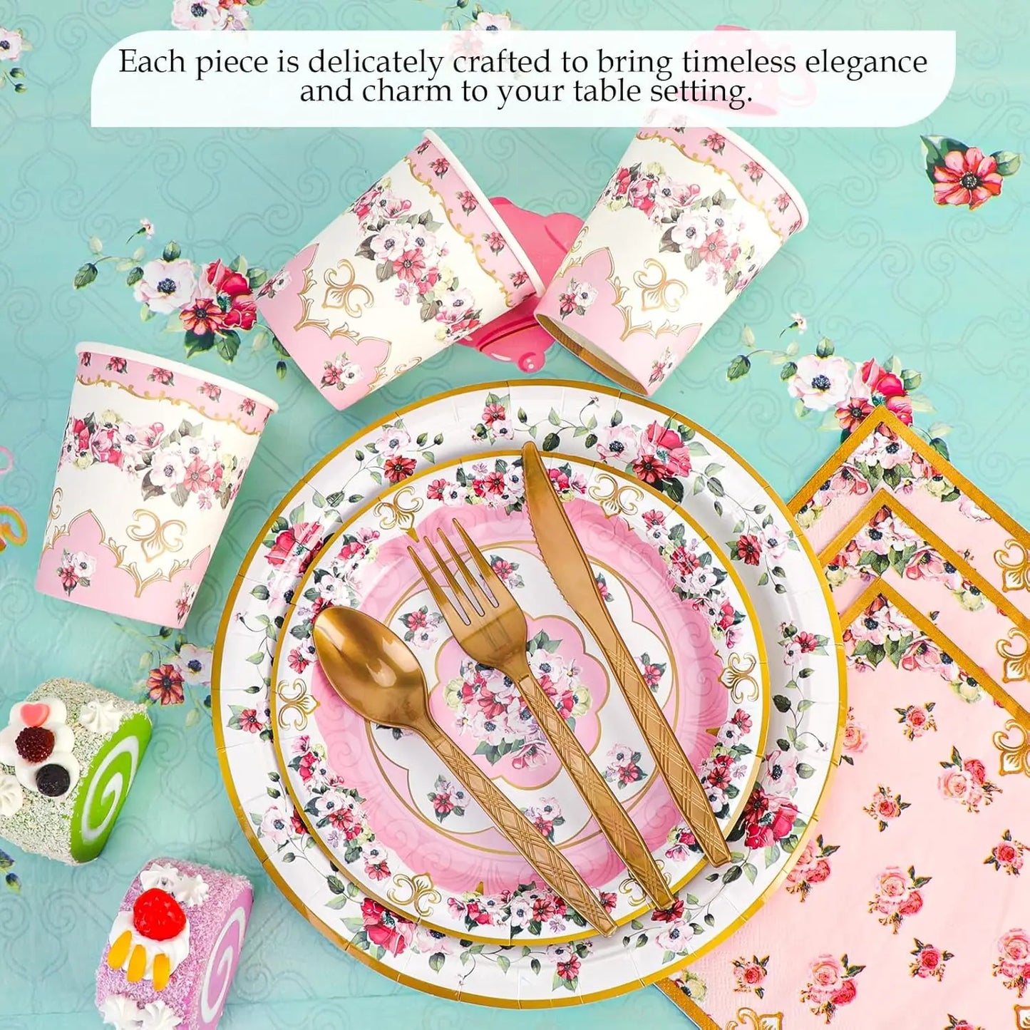 Tea Party Tableware Flower Paper Plate Napkin Cup Girl Birthday Tea Party Pink And Green Flower Decoration Disposable Tableware