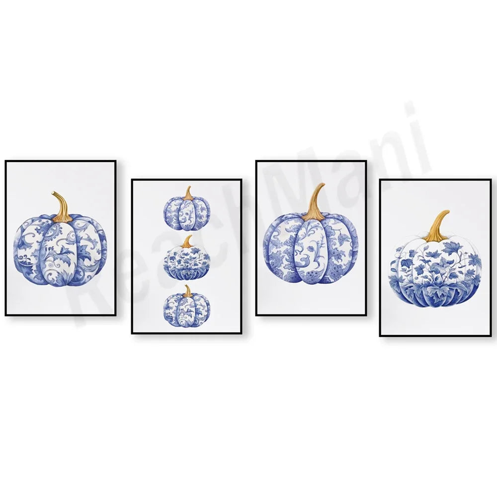 Chinoiserie Pumpkin Art, Hamptons Style Fall Aesthetic Fall Painting, Blue and White Porcelain Wall Art Canvas Print Poster
