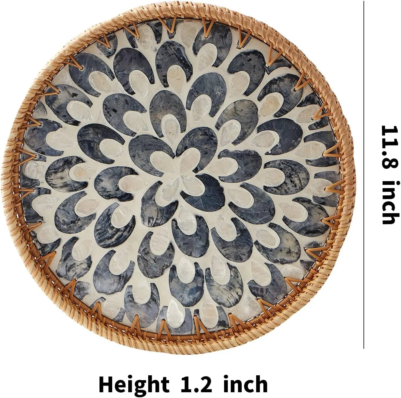 Round Rattan Tray with Mother of Pearl Inlay Rattan Serving Tray Wooden Base Storage and Display of Coffee Bread Food Fruit
