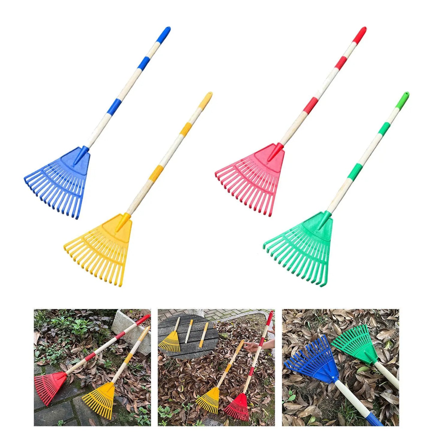 Small Leaf Rake with Long Handle 14 Spikes 3 Sections Quick Clean up Steel Farming Home Gardening Tool for Flower Beds Shrub