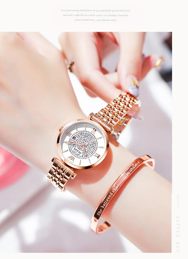 OLEVS 6892 Women's Watches Elegant Fashion Original Wristwatch Waterproof Stainless Steel Mesh Belt Luminous Inlaid Zircon